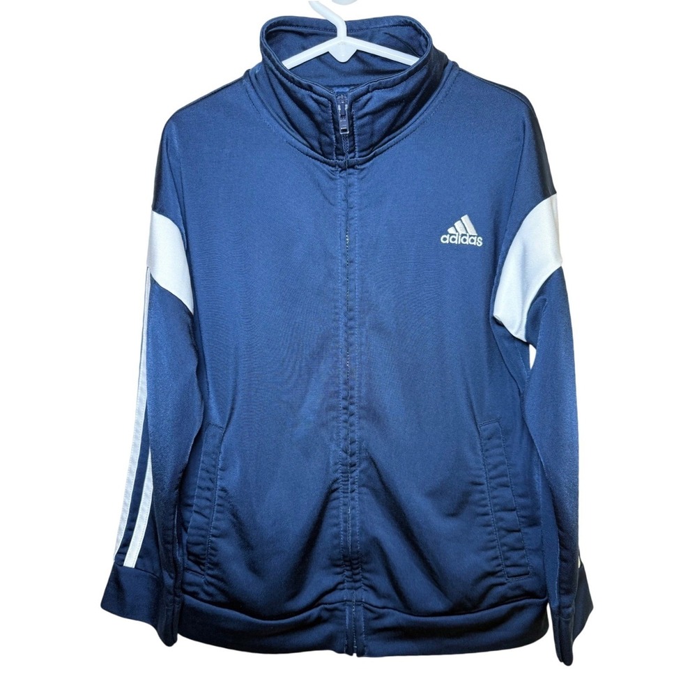 Adidas Boys Size 6 Navy Blue Full Zip Track Jacket White Stripes Athletic